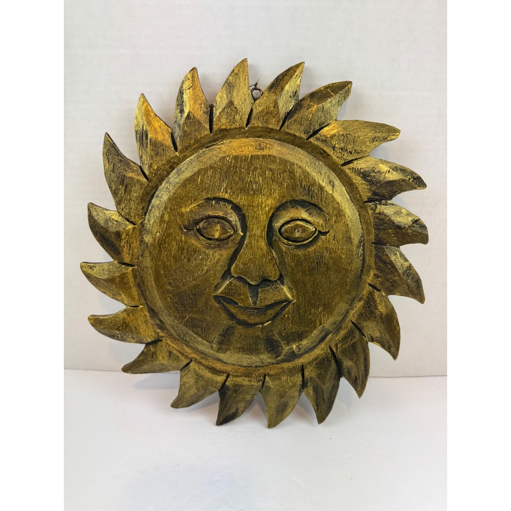 Vintage Hand Carved Wood Sun Face Wall Hanging Plaque Gold Distressed 11.5 Inch